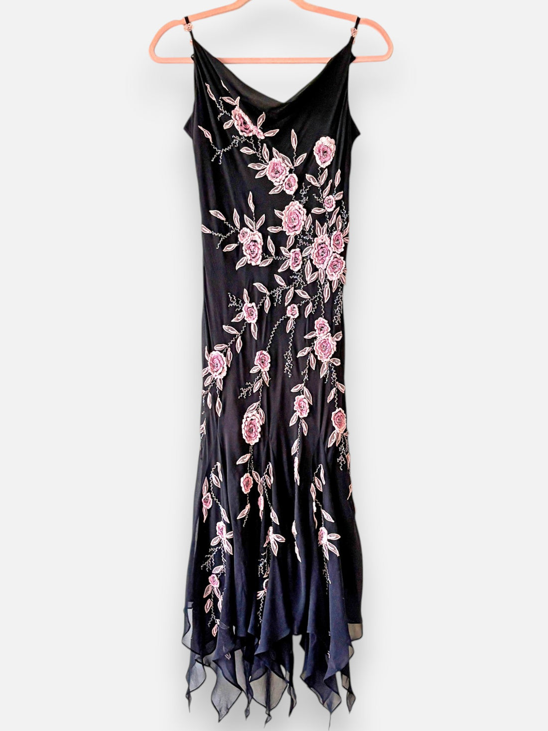 Vintage Sue Wong Black Silk Beaded Floral Maxi Dress