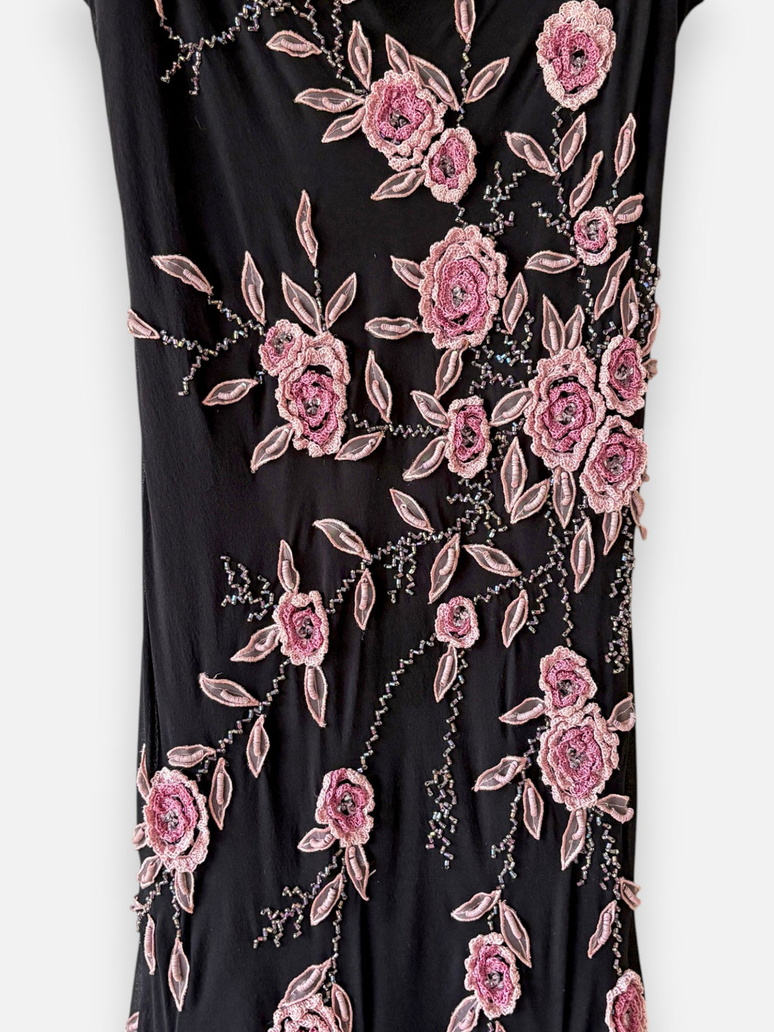 Vintage Sue Wong Black Silk Beaded Floral Maxi Dress