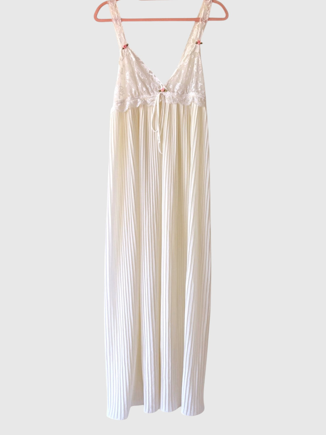 Vintage Van Raalte ivory pleated nylon nightgown front view