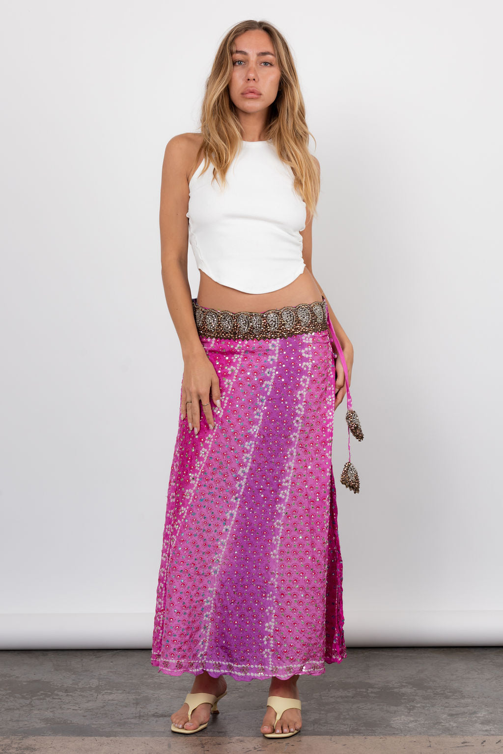 Vintage Y2K Low Waist Silk Maxi Skirt With Sequin Detail In Pink