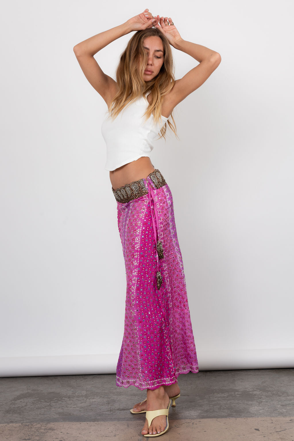Vintage Y2K Low Waist Silk Maxi Skirt With Sequin Detail In Pink