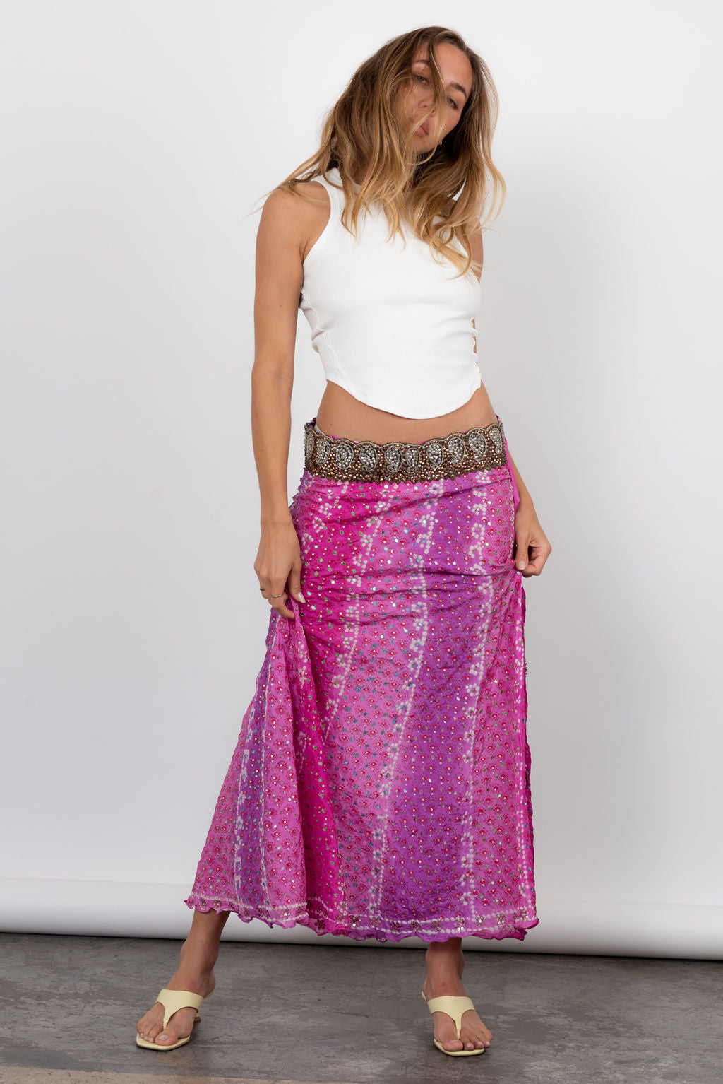 Vintage Y2K Low Waist Silk Maxi Skirt With Sequin Detail In Pink