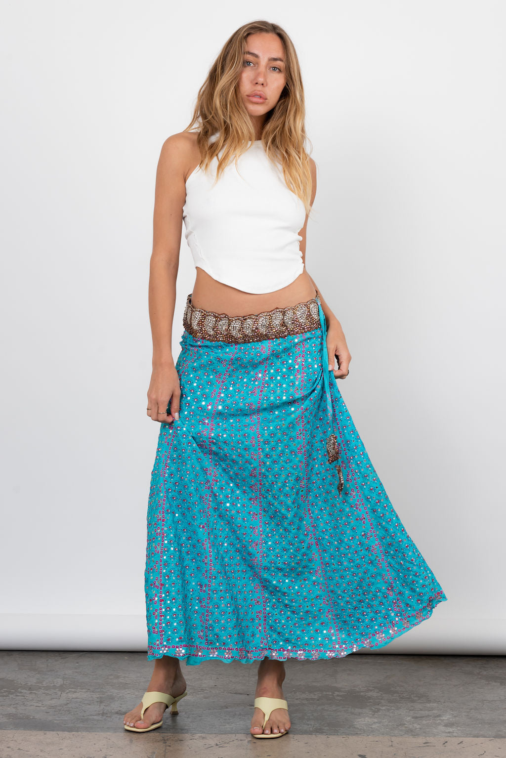 Vintage Y2K Low Waist Silk Maxi Skirt With Sequin Detail In Blue