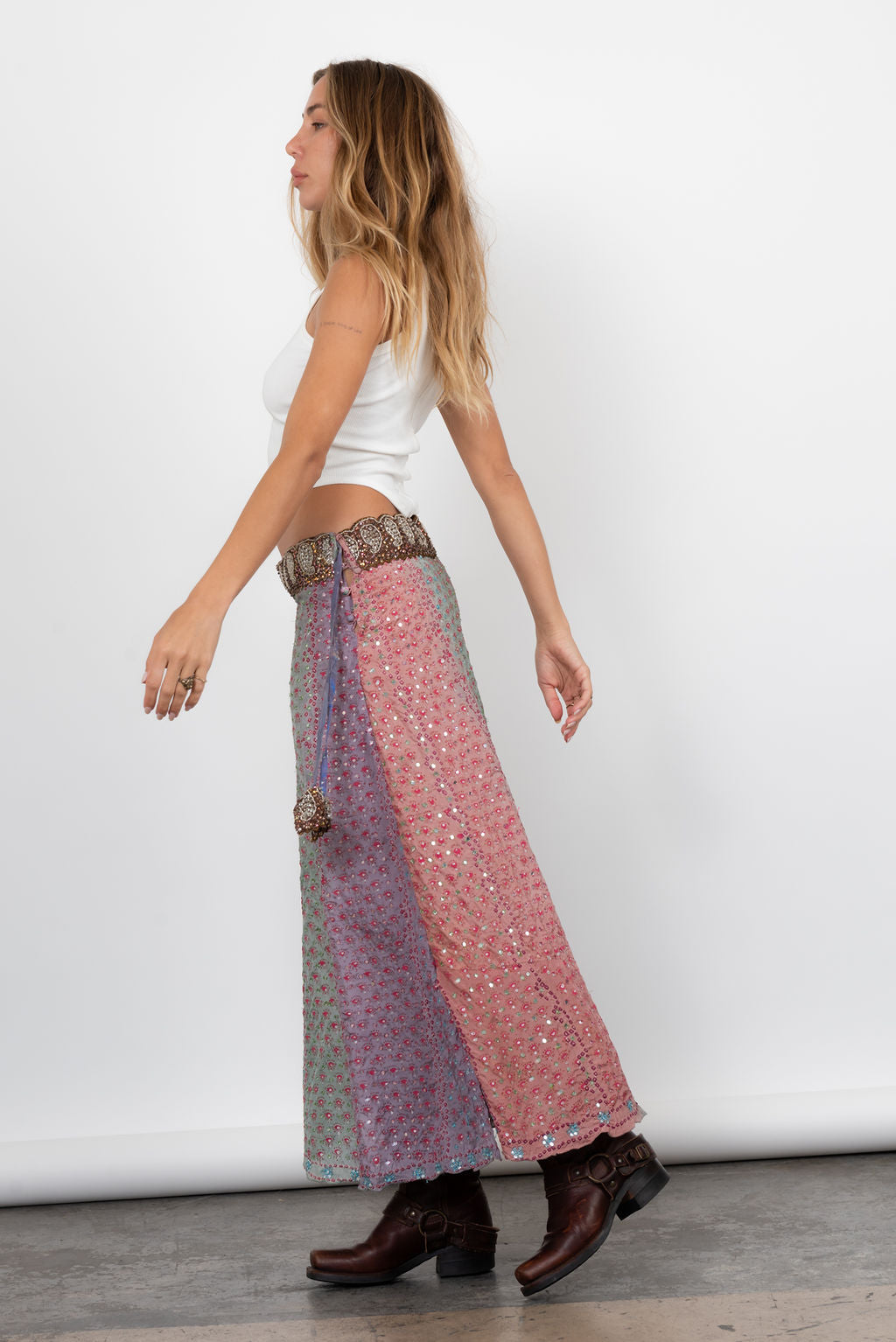 Vintage Y2K Low Waist Silk Maxi Skirt With Sequin Detail In Ombre Multi