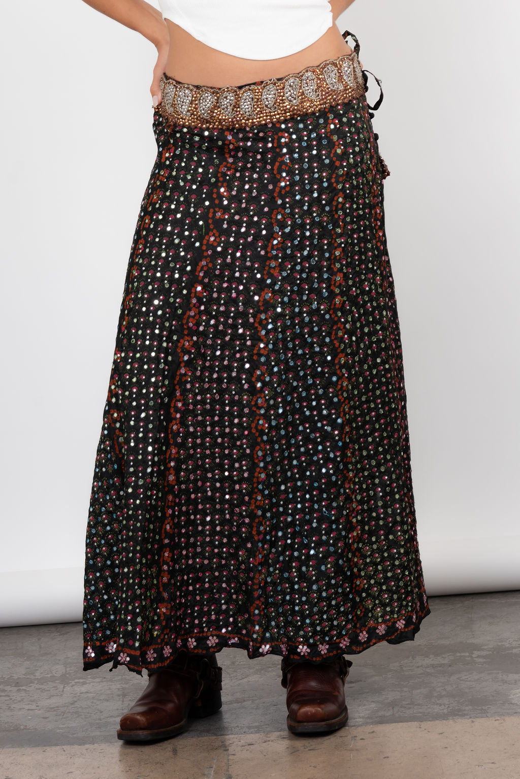 Vintage Y2K Low Waist Silk Maxi Skirt With Sequin Detail In Black