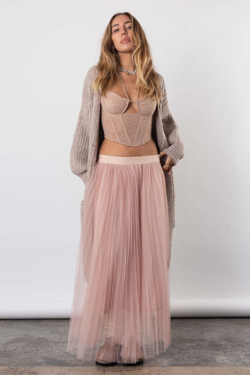 Painted Picture A Line Tulle Midi Skirt In Blush