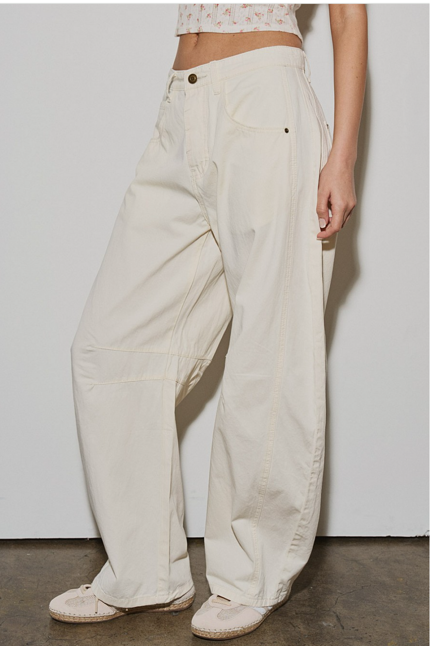 Full-length front view of Off-Duty Barrel Pant in ecru, wide-leg barrel shape and clean cotton drape.