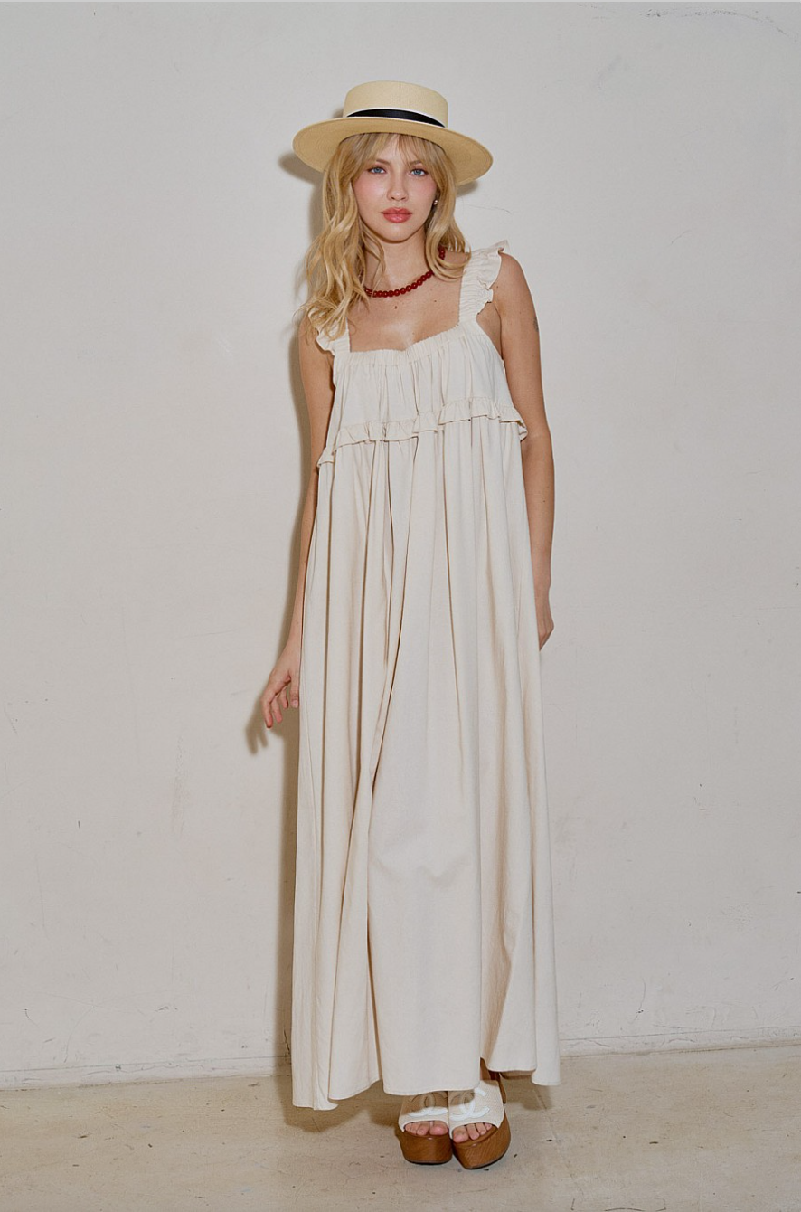 Front view Coastal Ruffle Maxi Dress cream viscose linen blend with ruffle straps