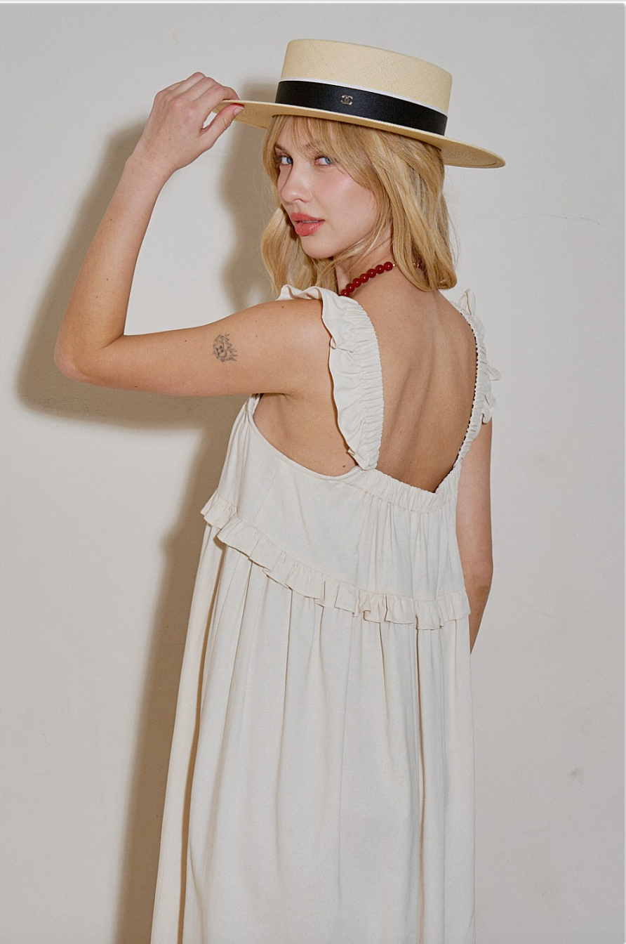 Back close-up of ruffle straps and upper bodice on Coastal Ruffle Maxi Dress