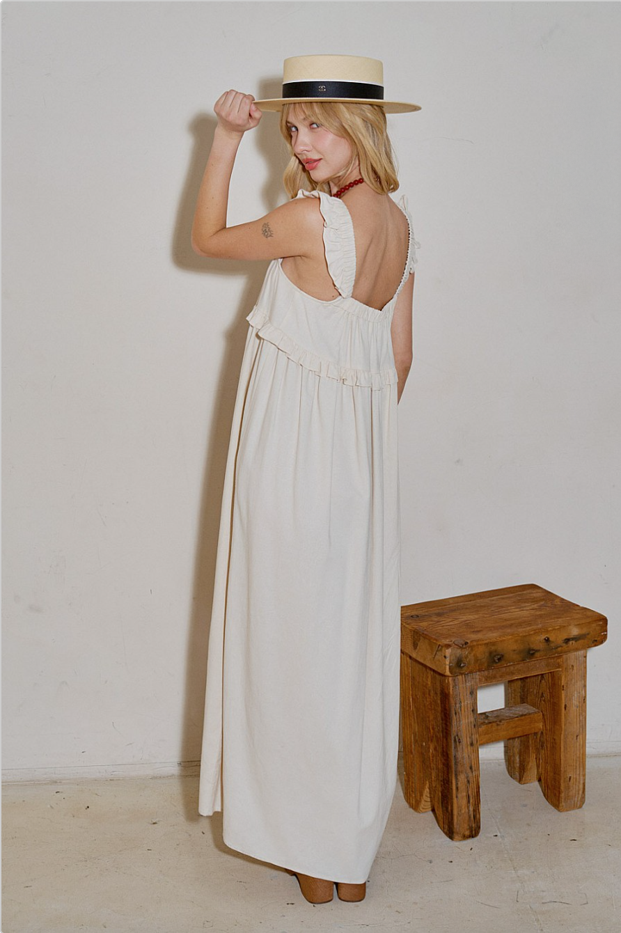 Back view Coastal Ruffle Maxi Dress showing ruffle straps and gathered back bodice