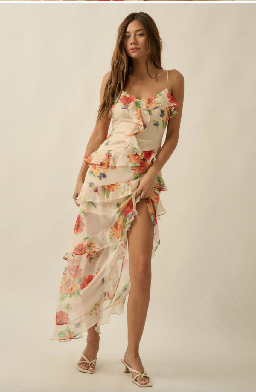 Floral ruffle maxi dress with asymmetrical hem and high slit, lightweight chiffon dress styled with neutral heels