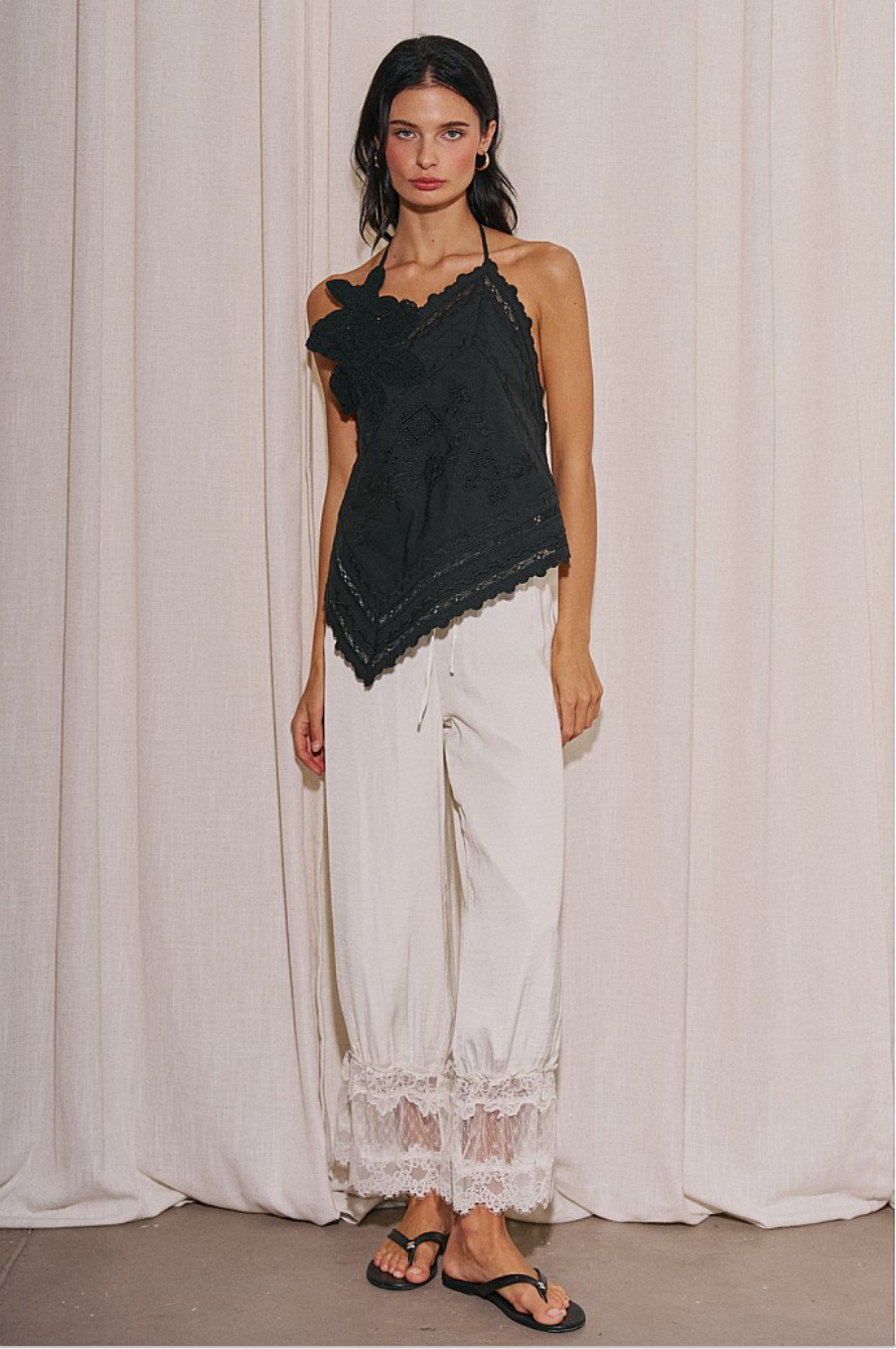Living in the Clouds ivory lace pants styled with black handkerchief top