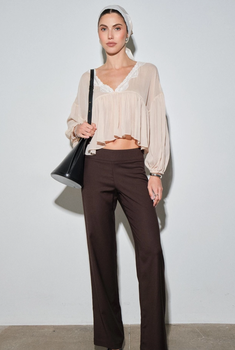 Romantic lace trim chiffon blouse styled with high waisted brown trousers