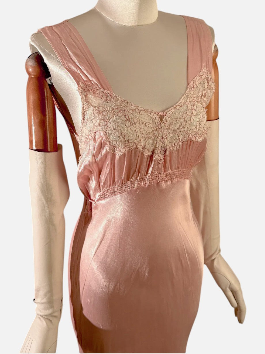 Vintage 1930s Blush Pink Satin Bias Cut Slip Dress
