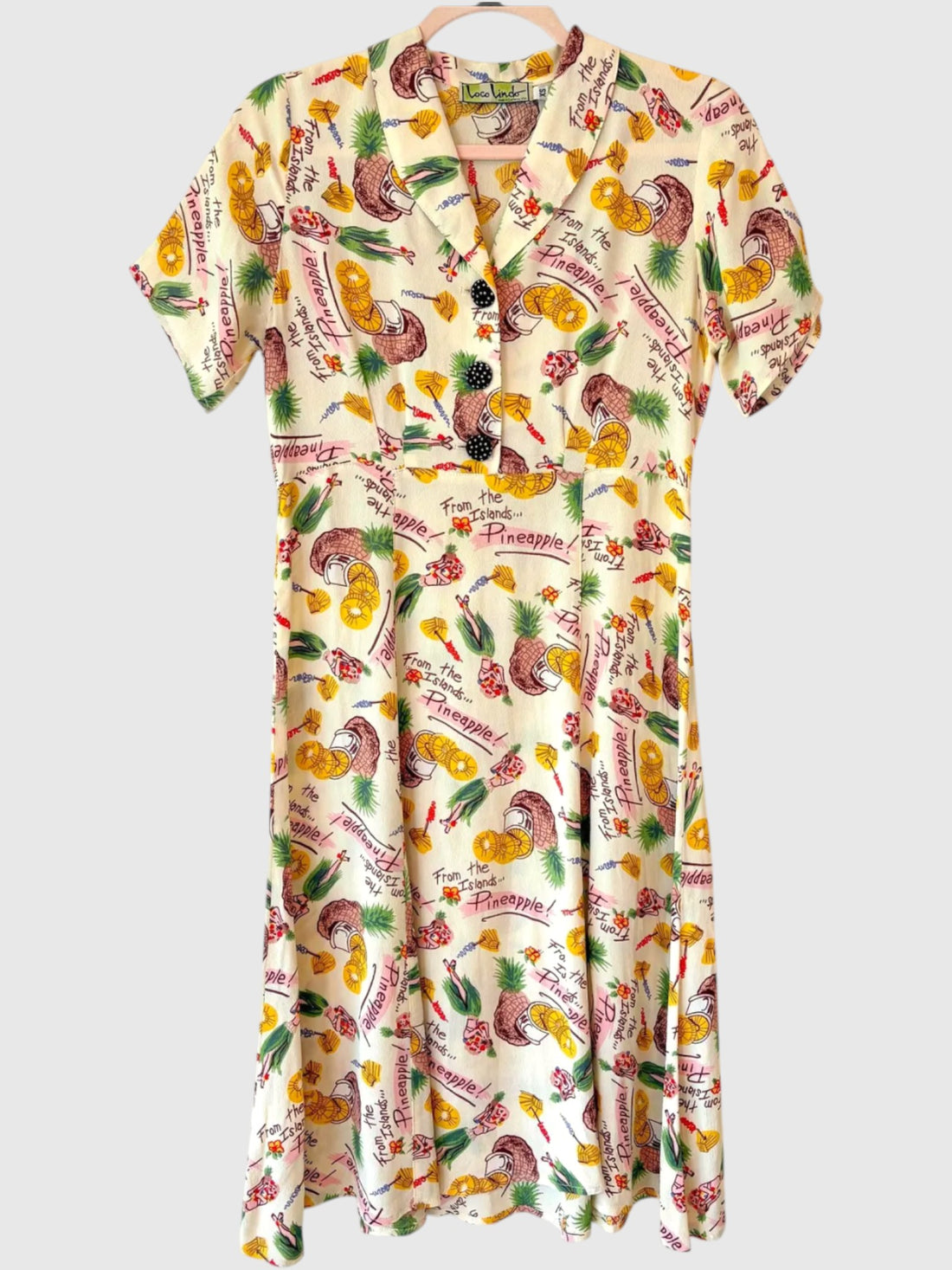 Vintage 1980s Loco Linda Pineapple Rayon Dress