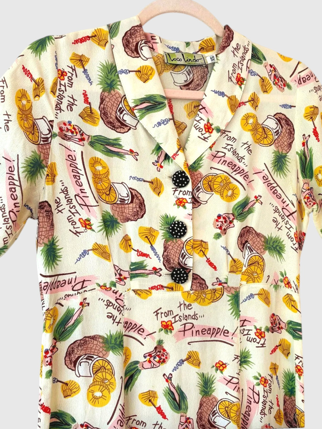 Vintage 1980s Loco Linda Pineapple Rayon Dress