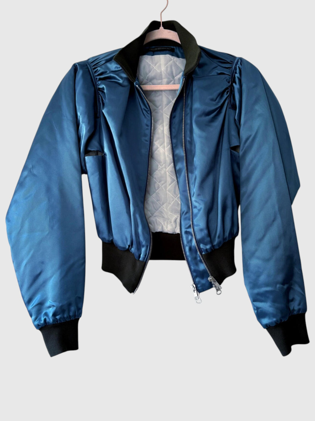 Y’s Yohji Yamamoto satin bomber partially open showing quilted interior lining