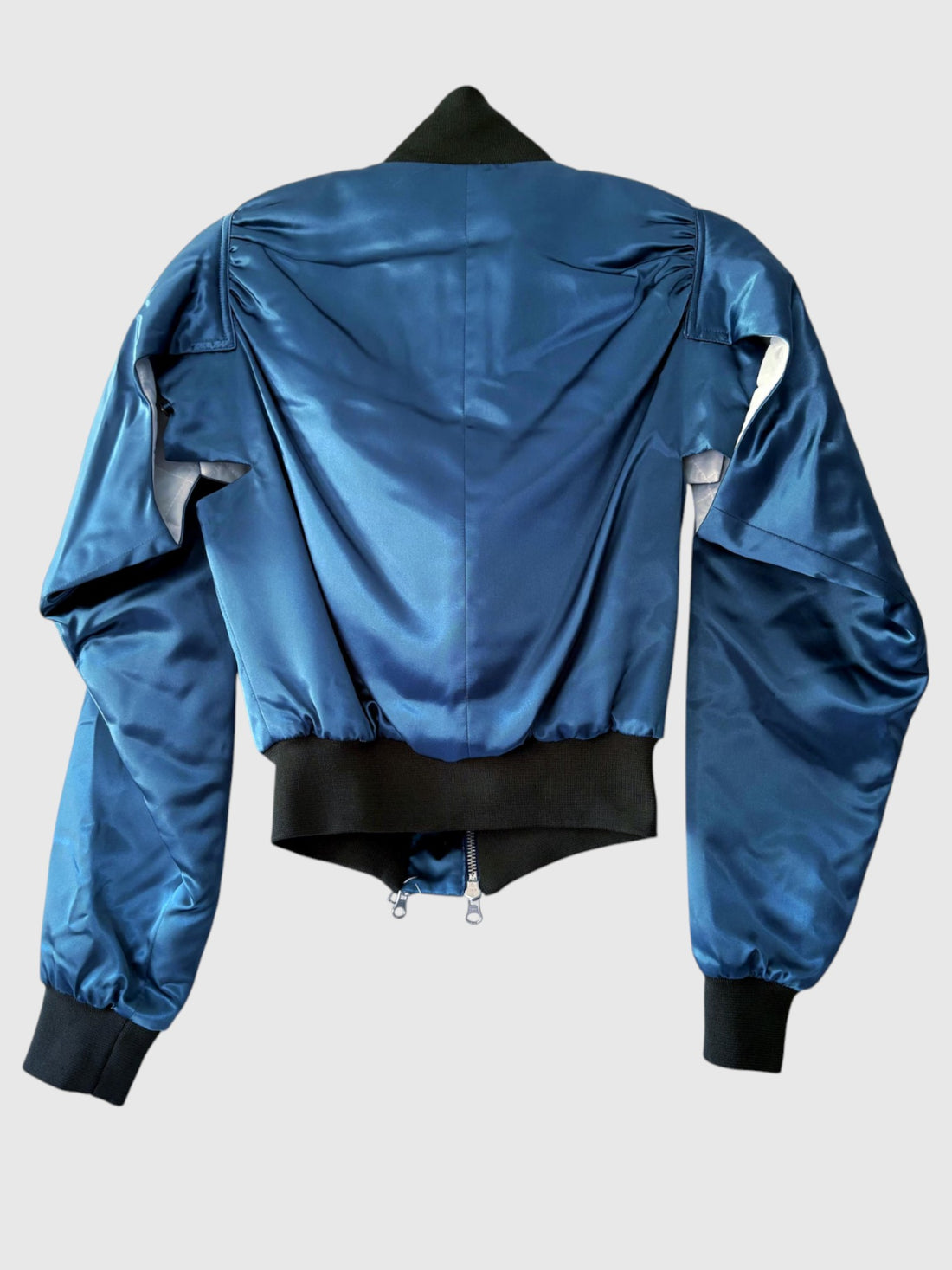 Back view of AW2004 Y’s Yohji Yamamoto cropped satin bomber jacket