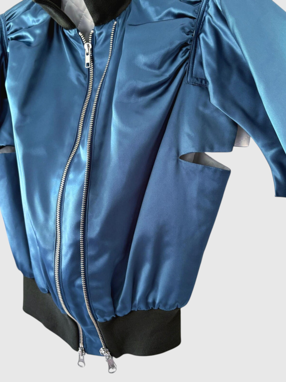 Deconstructed open sleeve construction on archival Yohji Yamamoto bomber jacket