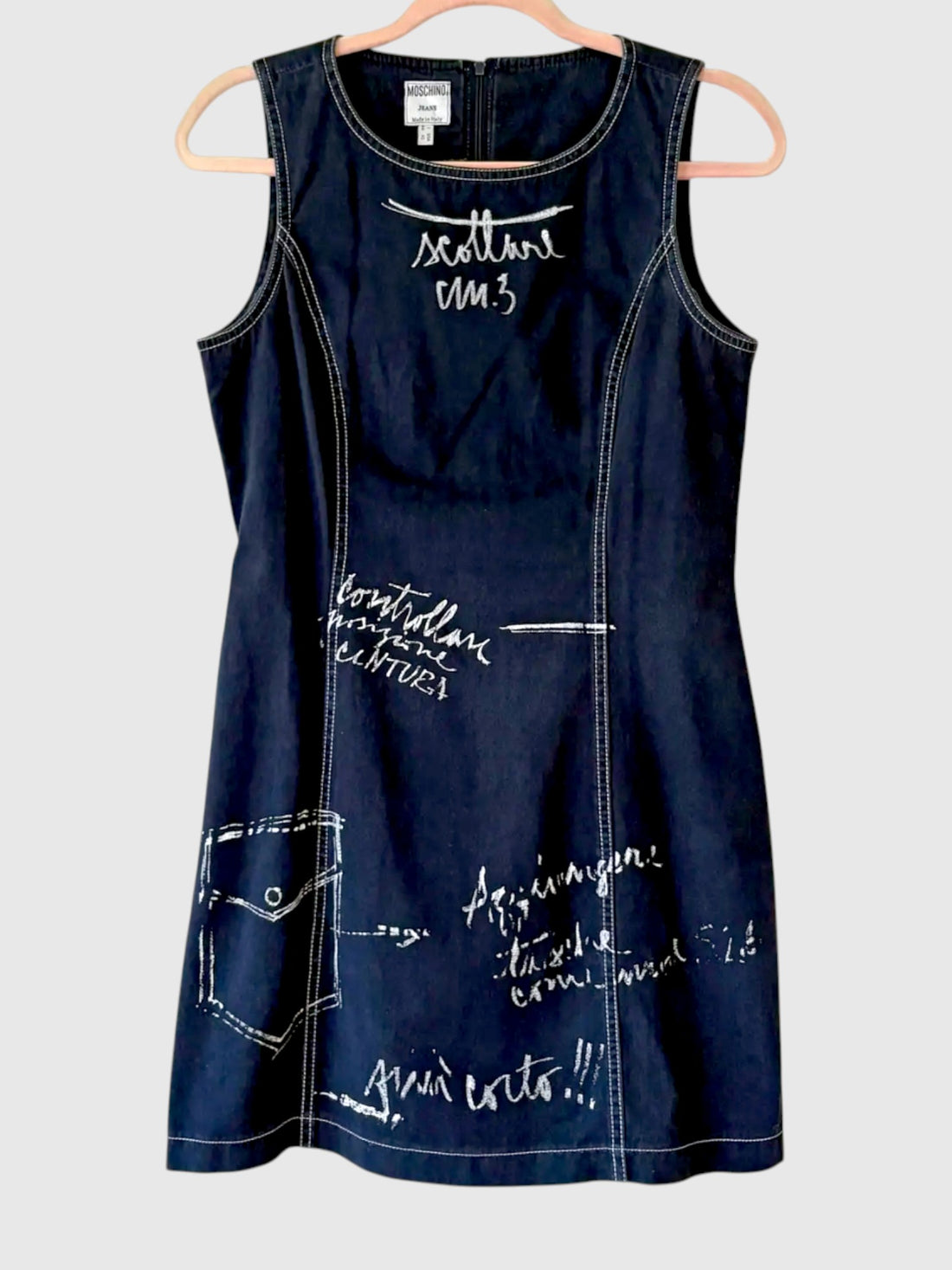 Late 1990s Moschino Jeans graphic denim mini dress Made in Italy