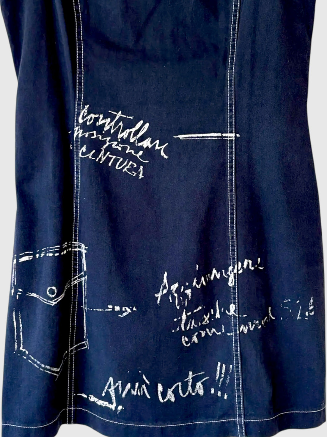 Sketch motif and script print detail on Moschino Jeans denim mini dress