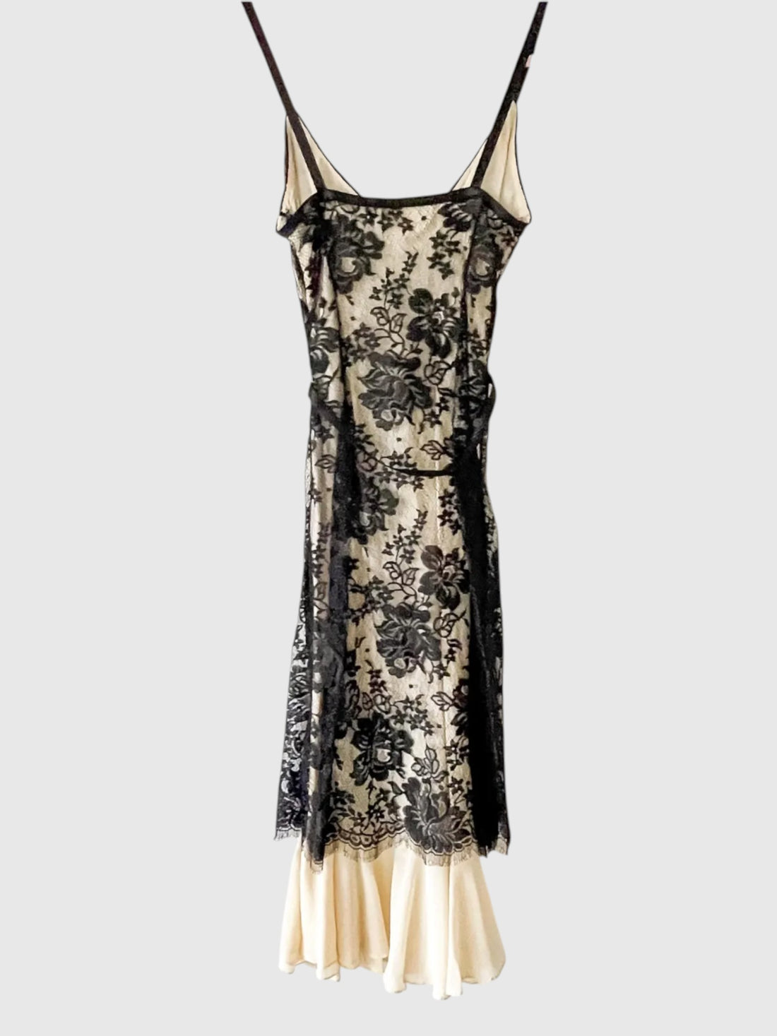 Back of Collette Dinnigan black floral lace dress with ivory silk lining