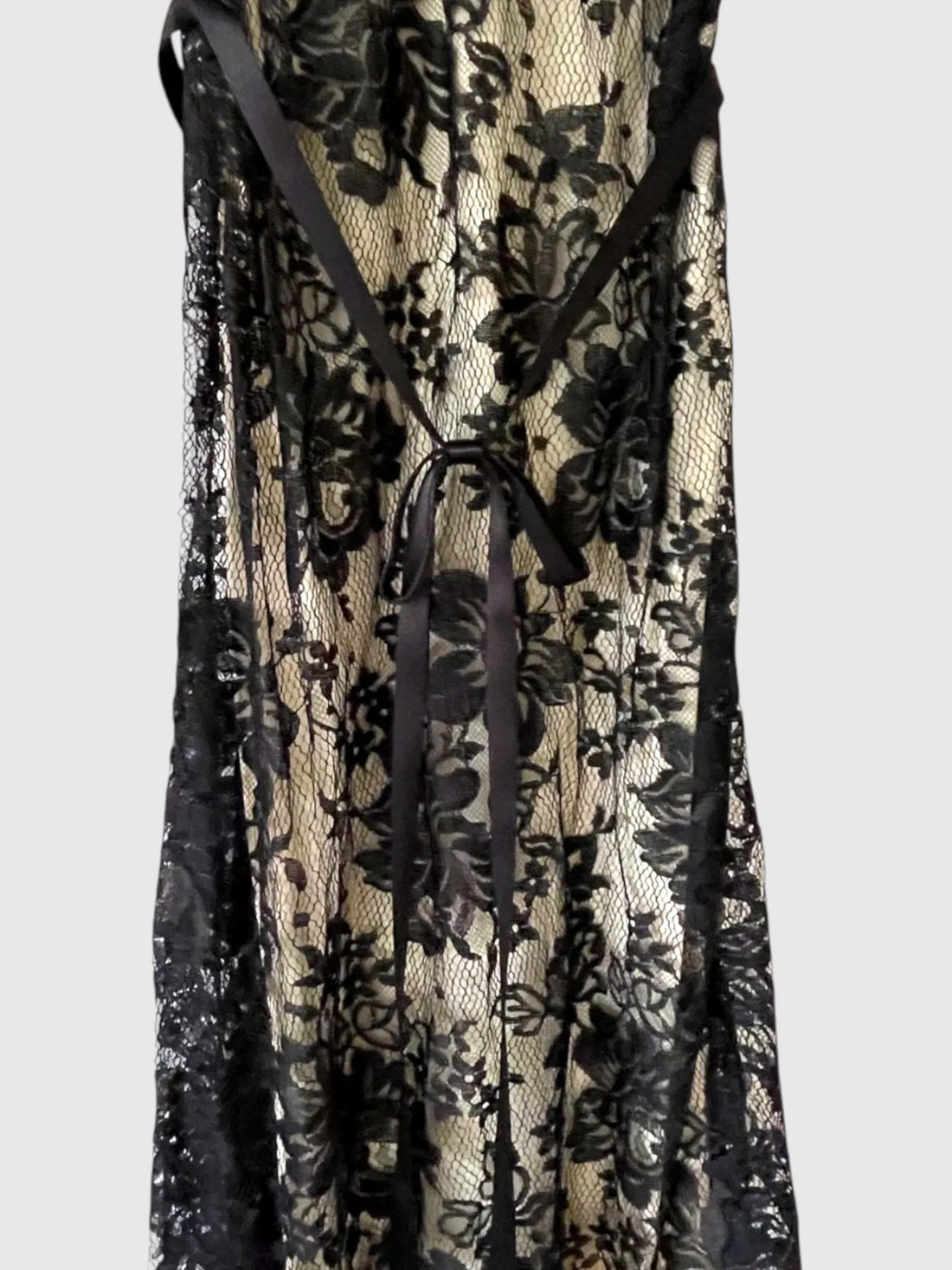 Tie back ribbon detail for the Collette Dinnigan lace and silk dress