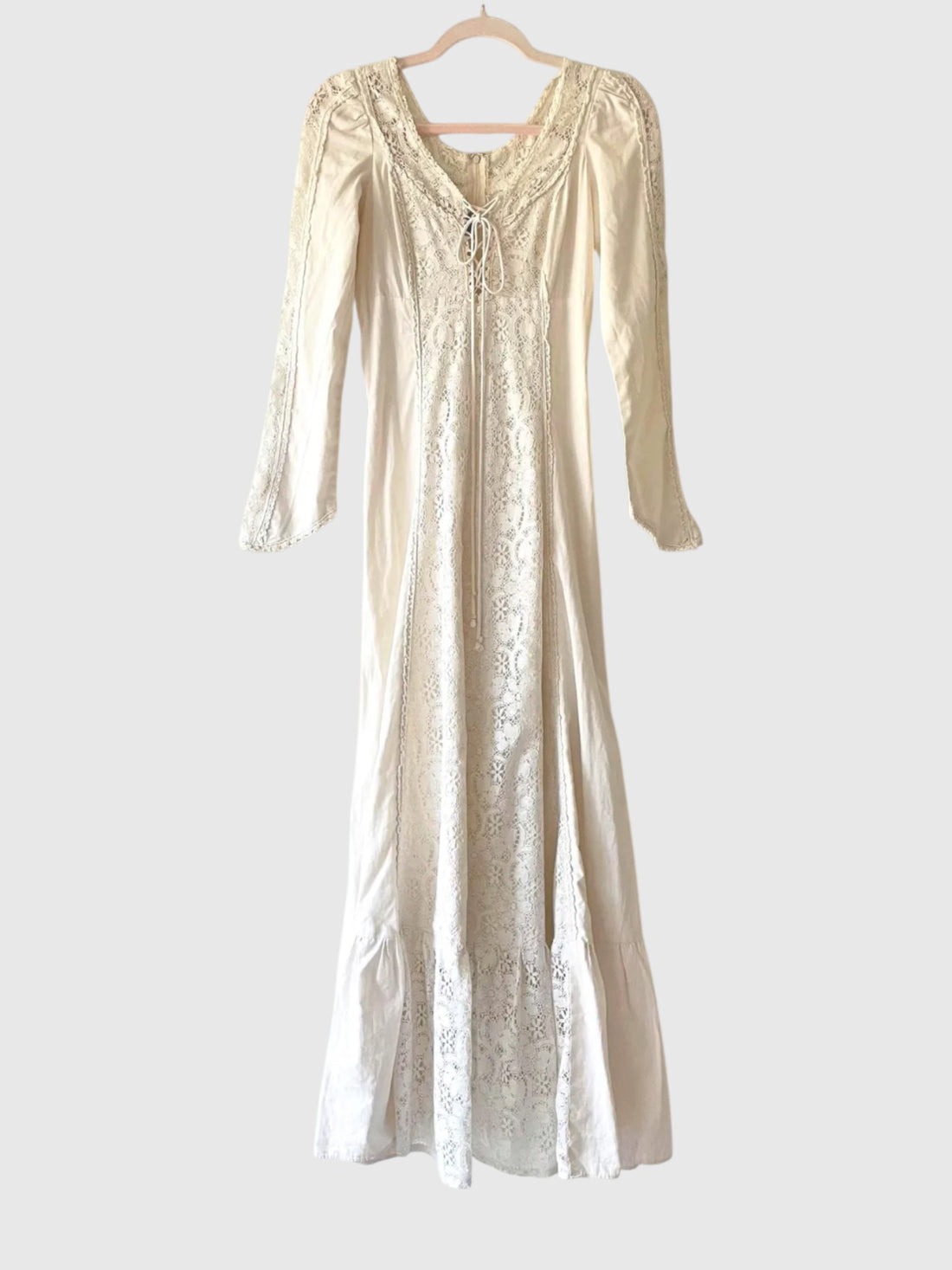Front view of vintage Gunne Sax ivory cotton lace prairie maxi dress, size 7.