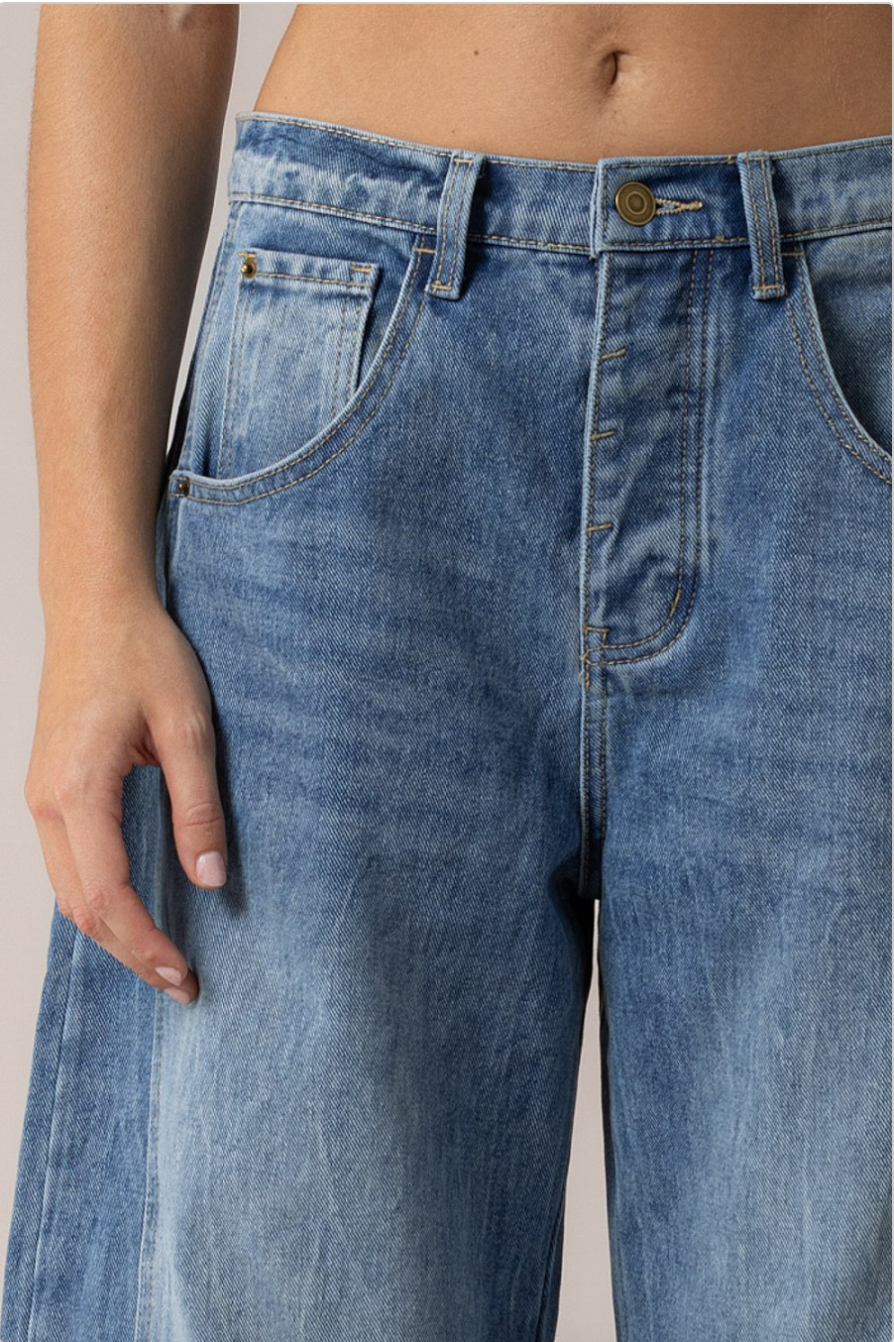 Close-up of waistband, button, zip fly, and front pocket on 100% cotton denim jeans.