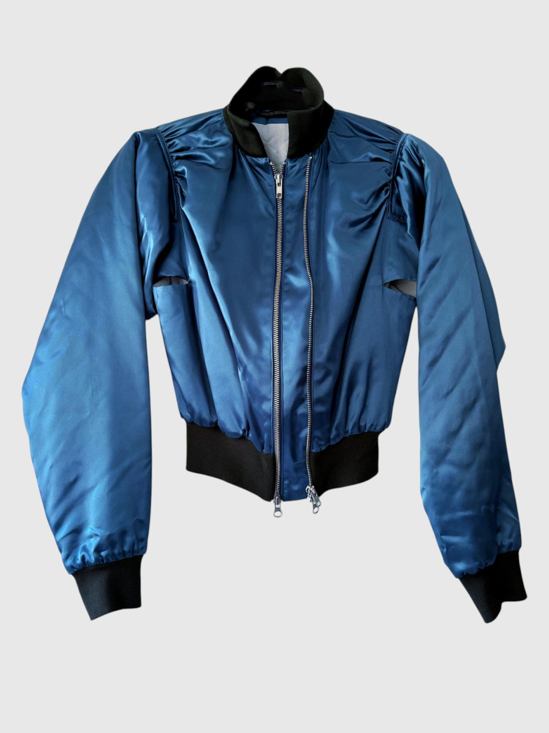 AW2004 Y’s Yohji Yamamoto steel blue satin cropped bomber front view