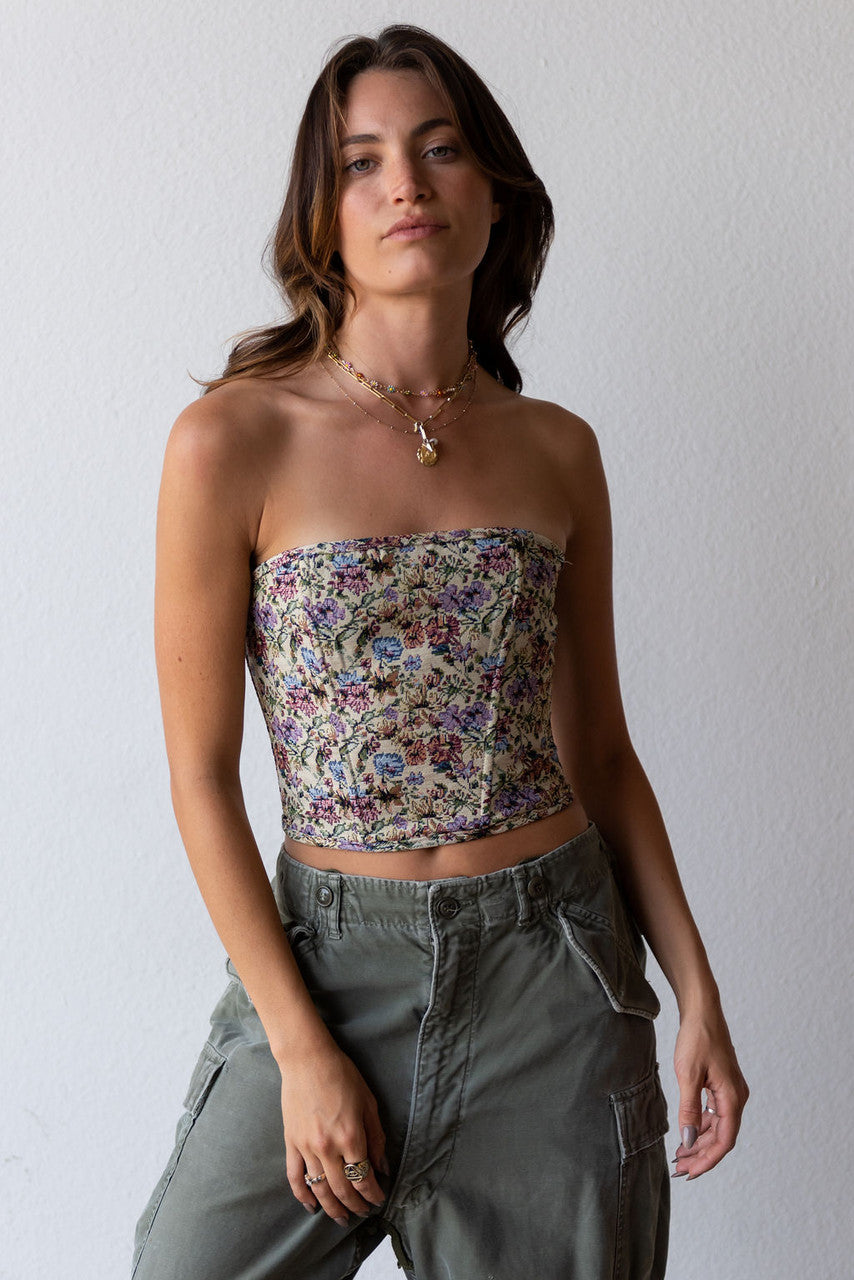 Jane Tapestry Lace Back Corset Top In Muted Multi