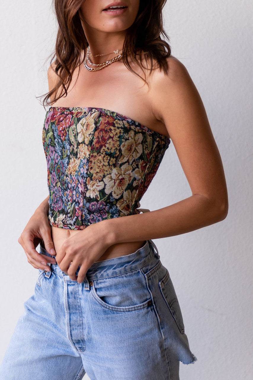Jane Tapestry Lace Back Corset Top In Dark Floral Multi