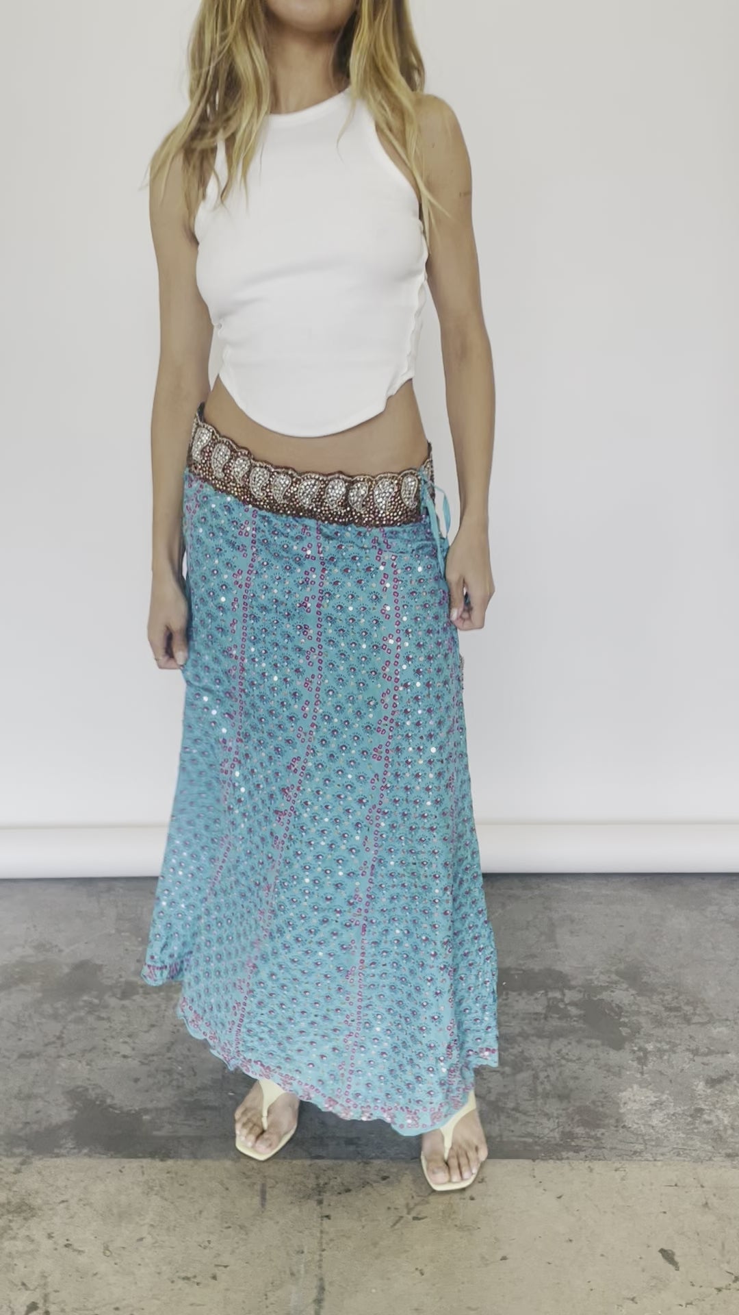Vintage Y2K Low Waist Silk Maxi Skirt With Sequin Detail In Blue