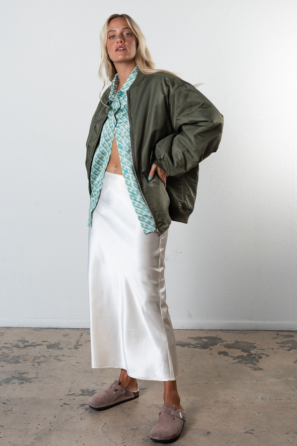 Between The Lines Satin Button Down Top In Aqua/Multi