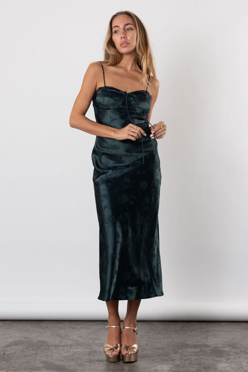Enchanting Midi Slip Dress With Lace In Forest Green
