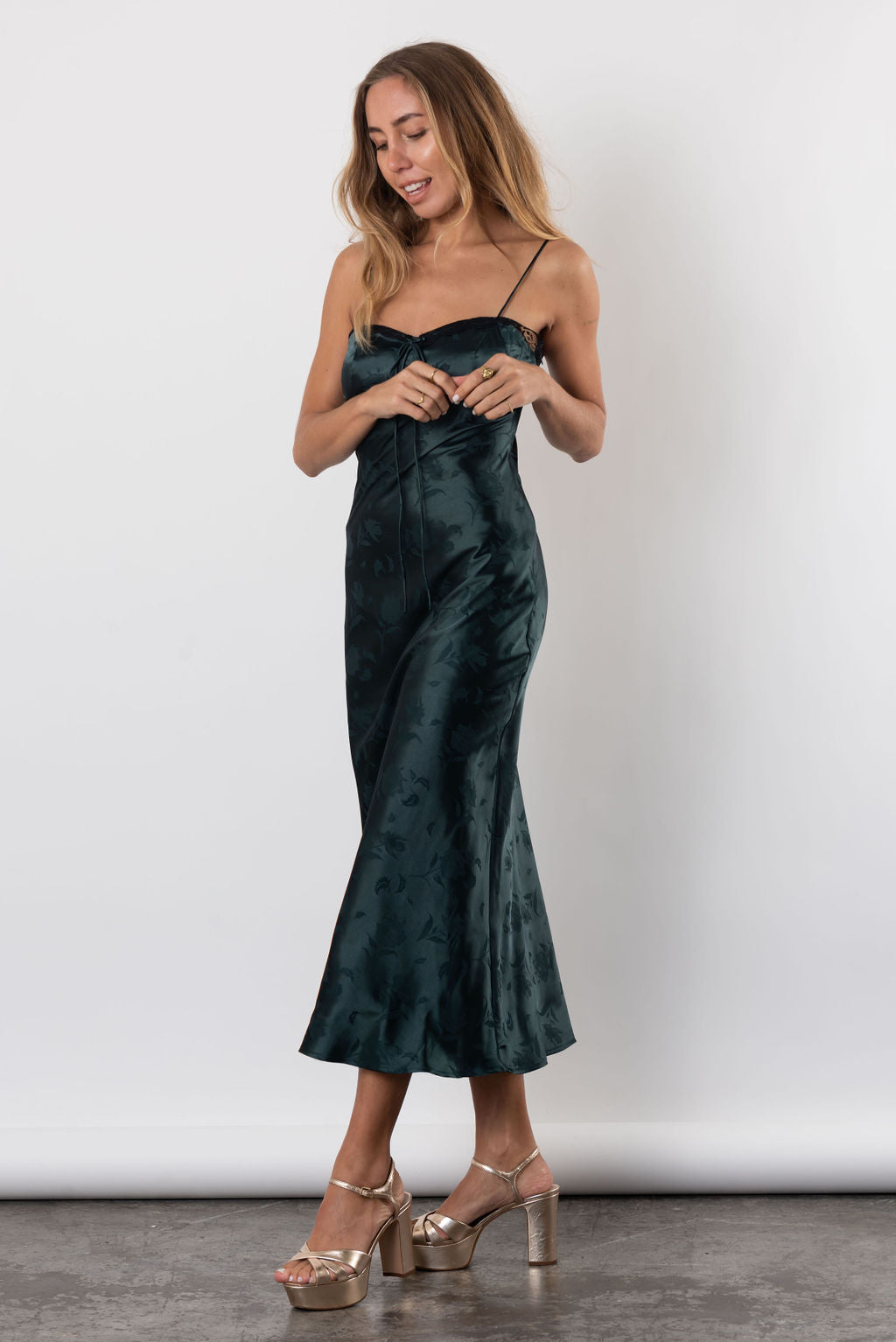 Enchanting Midi Slip Dress With Lace In Forest Green