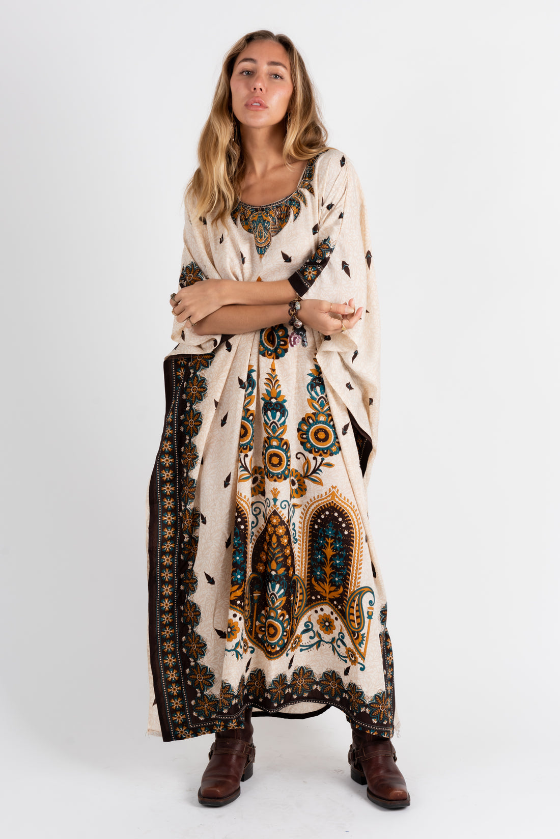 Vintage 1970s Metallic Paisley Kaftan Maxi Dress