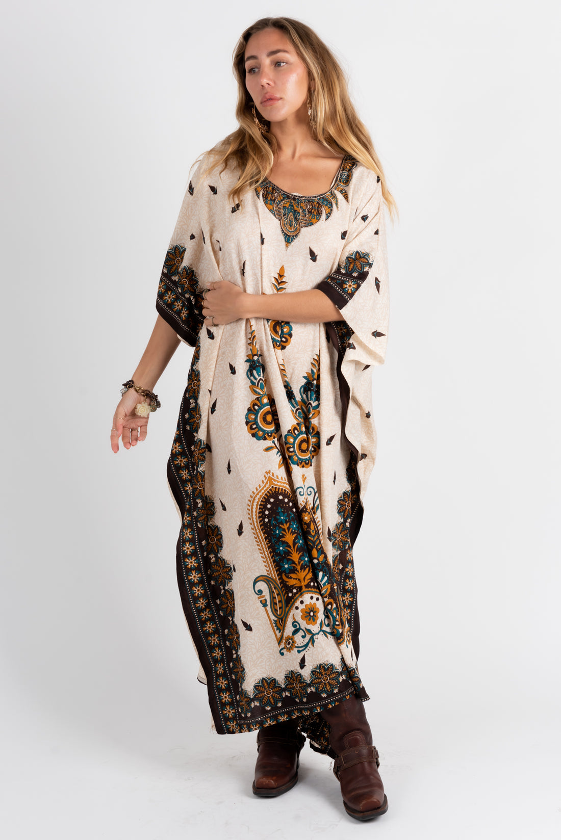 Vintage 1970s Metallic Paisley Kaftan Maxi Dress
