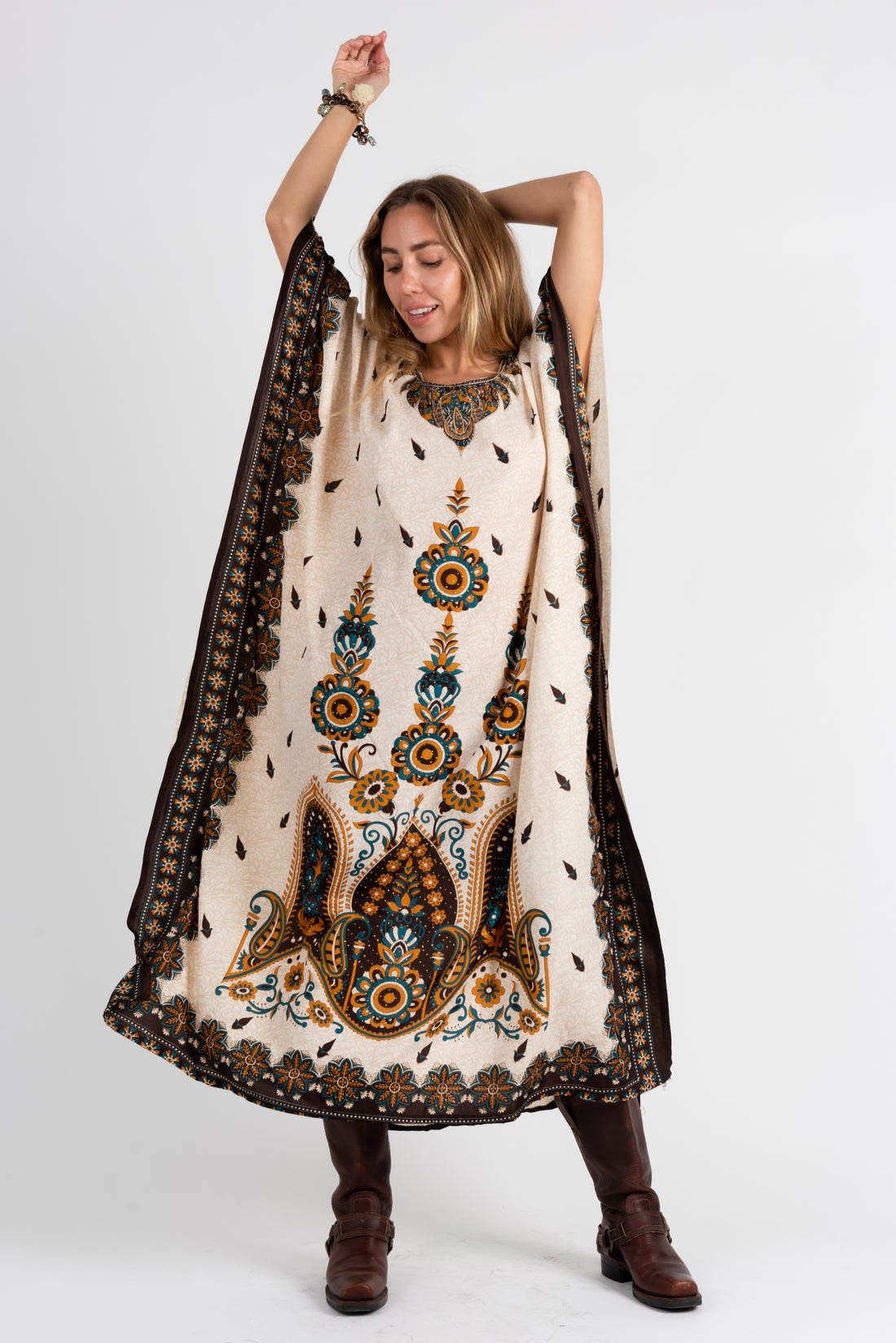 Vintage 1970s Metallic Paisley Kaftan Maxi Dress
