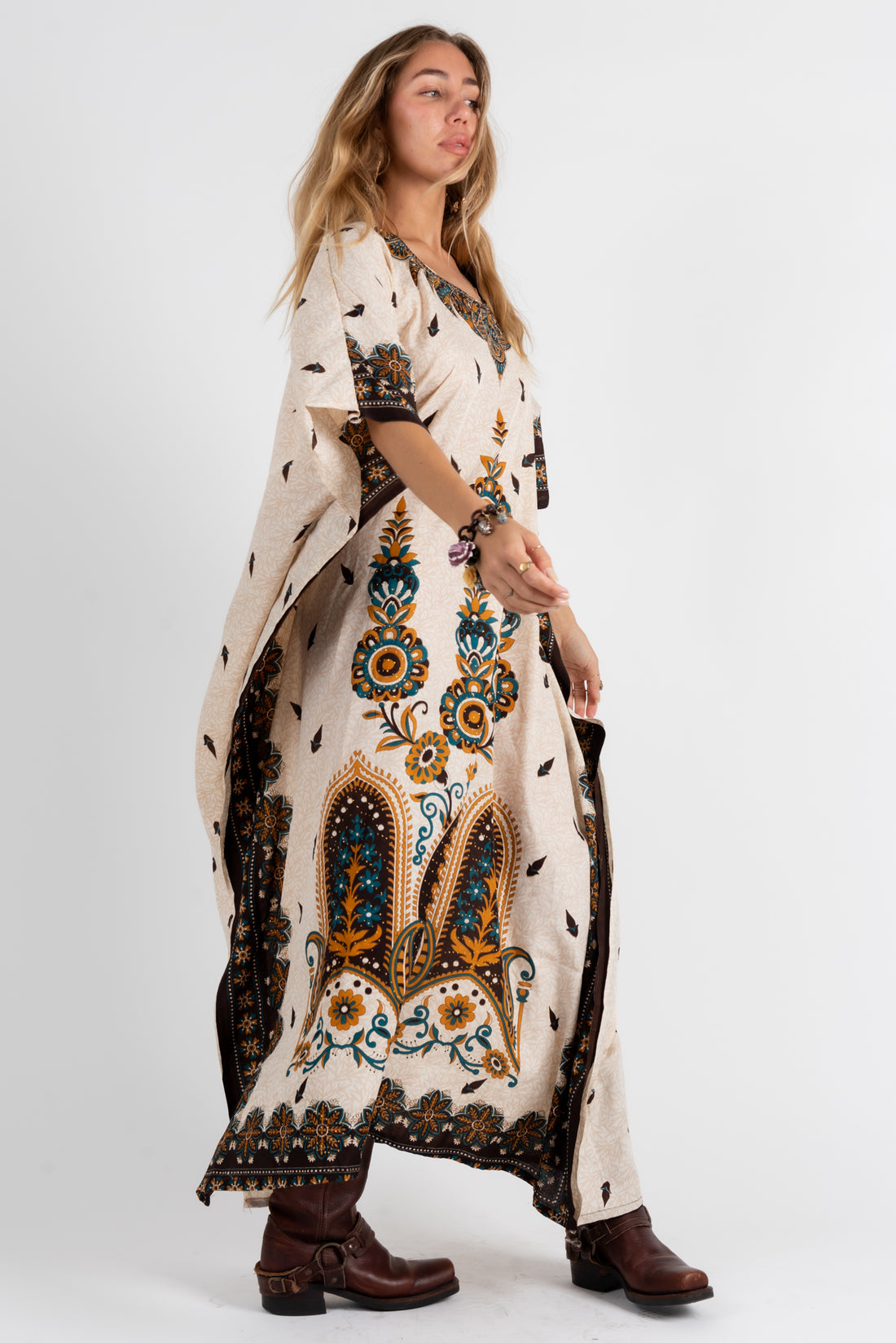 Vintage 1970s paisley kaftan maxi dress with metallic gold accents