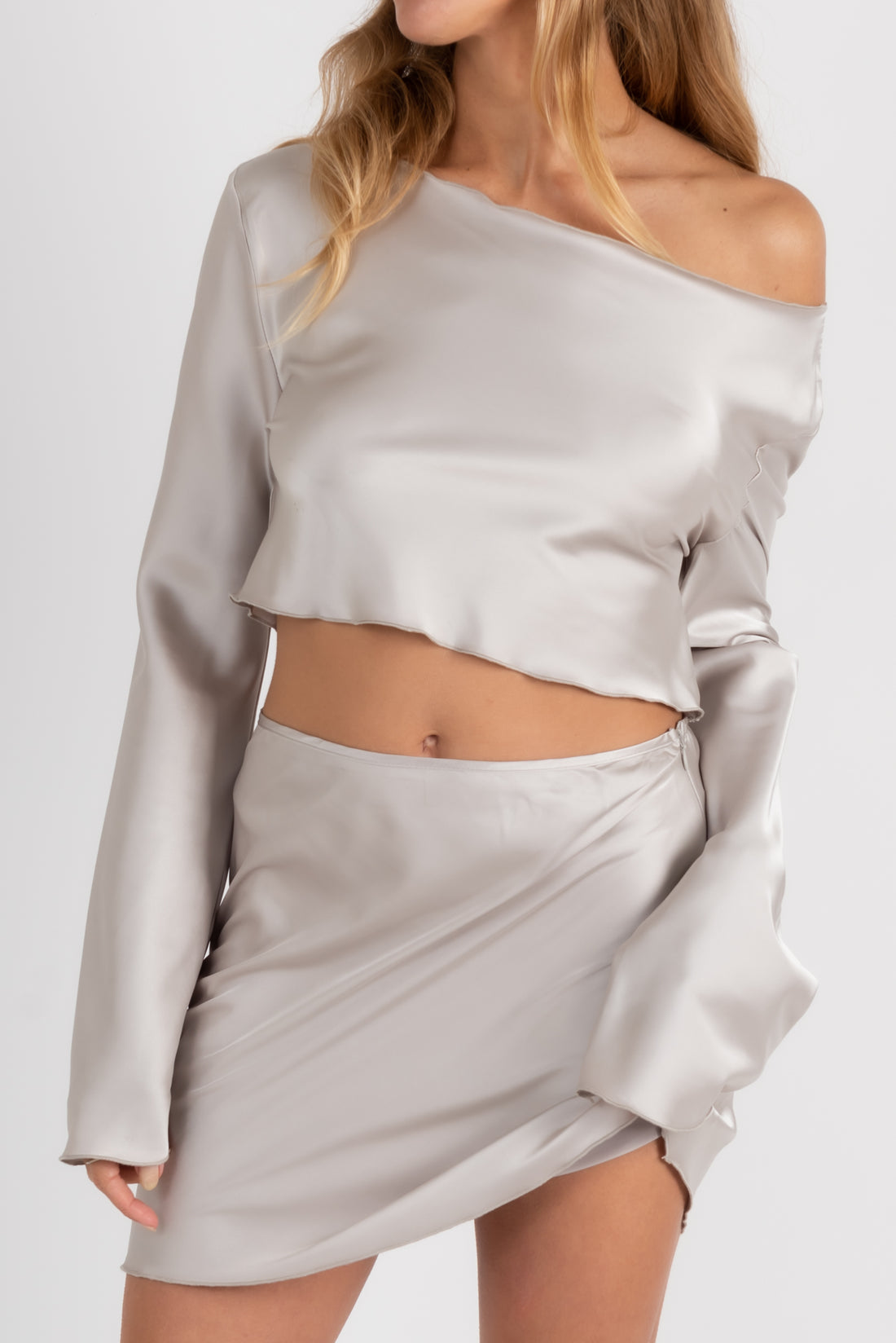 Amour Affair Bell Sleeve Satin Crop Top In Silver