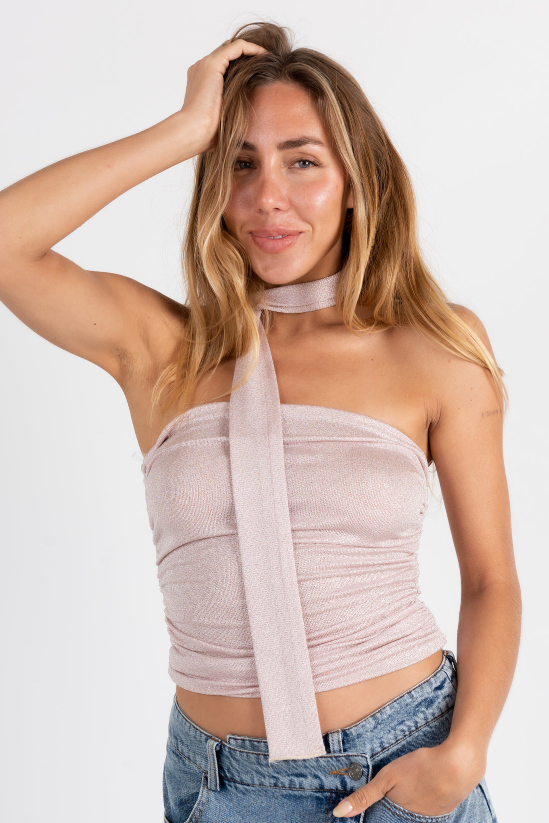 Summer Tube Top With Scarf In Pink/Silver