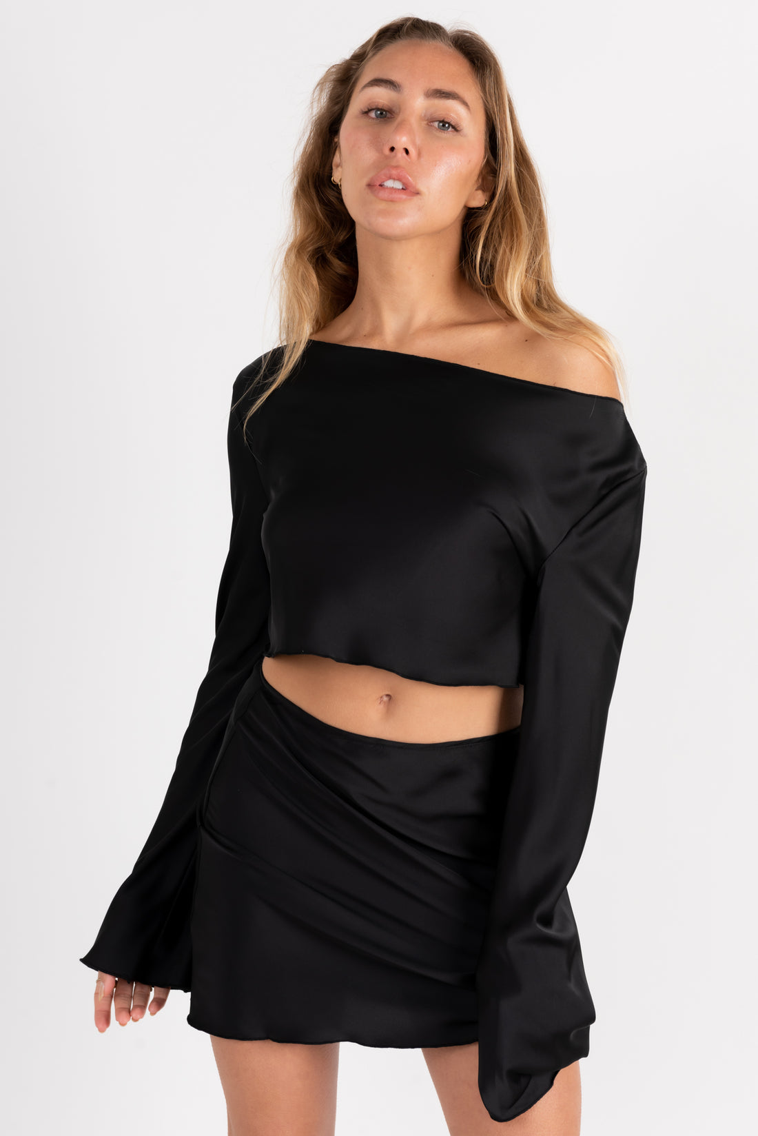 Amour Affair Bell Sleeve Satin Crop Top In Black