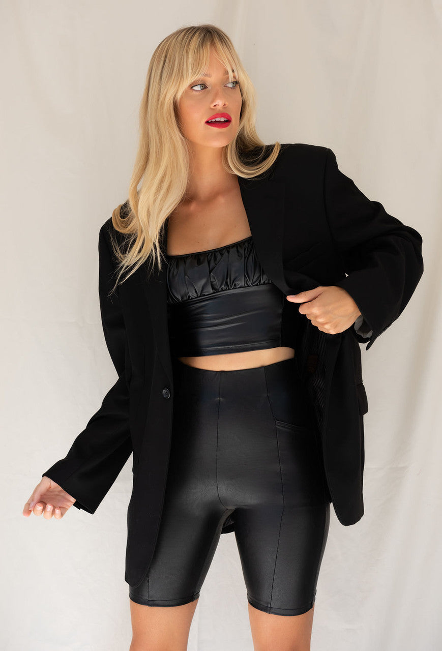 CALIstyle Midnight Rider Leather Biker Short In Black worn with the matching cami and Vintage x Resurrection Blazer