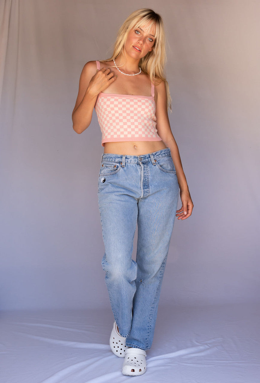 At Sunset Checked Crop Knit Top