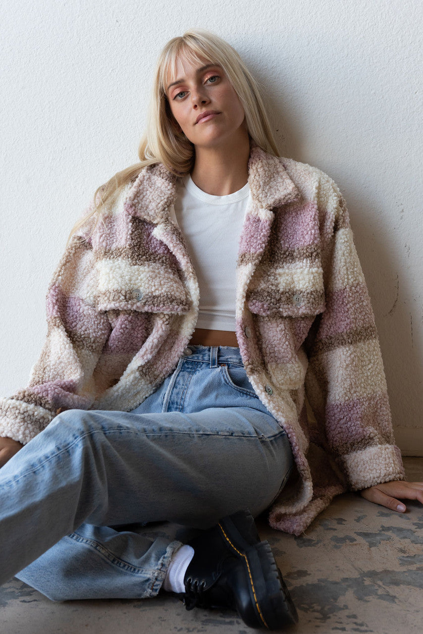 CALIstyle Swiss Alps Nubby Oversized Jacket In Mauve/Taupe Plaid