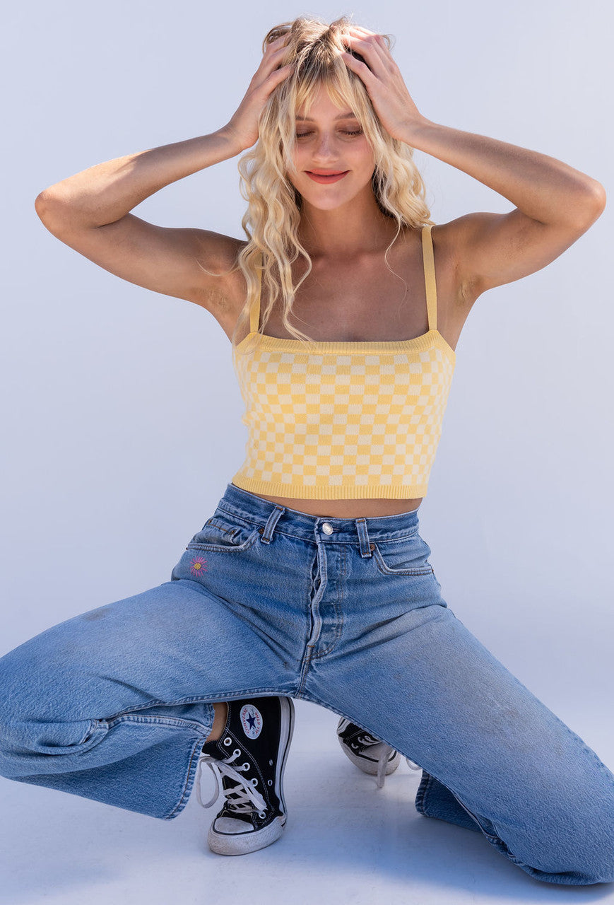 CALIstyle At Sunset Checked Crop Top In Yellow