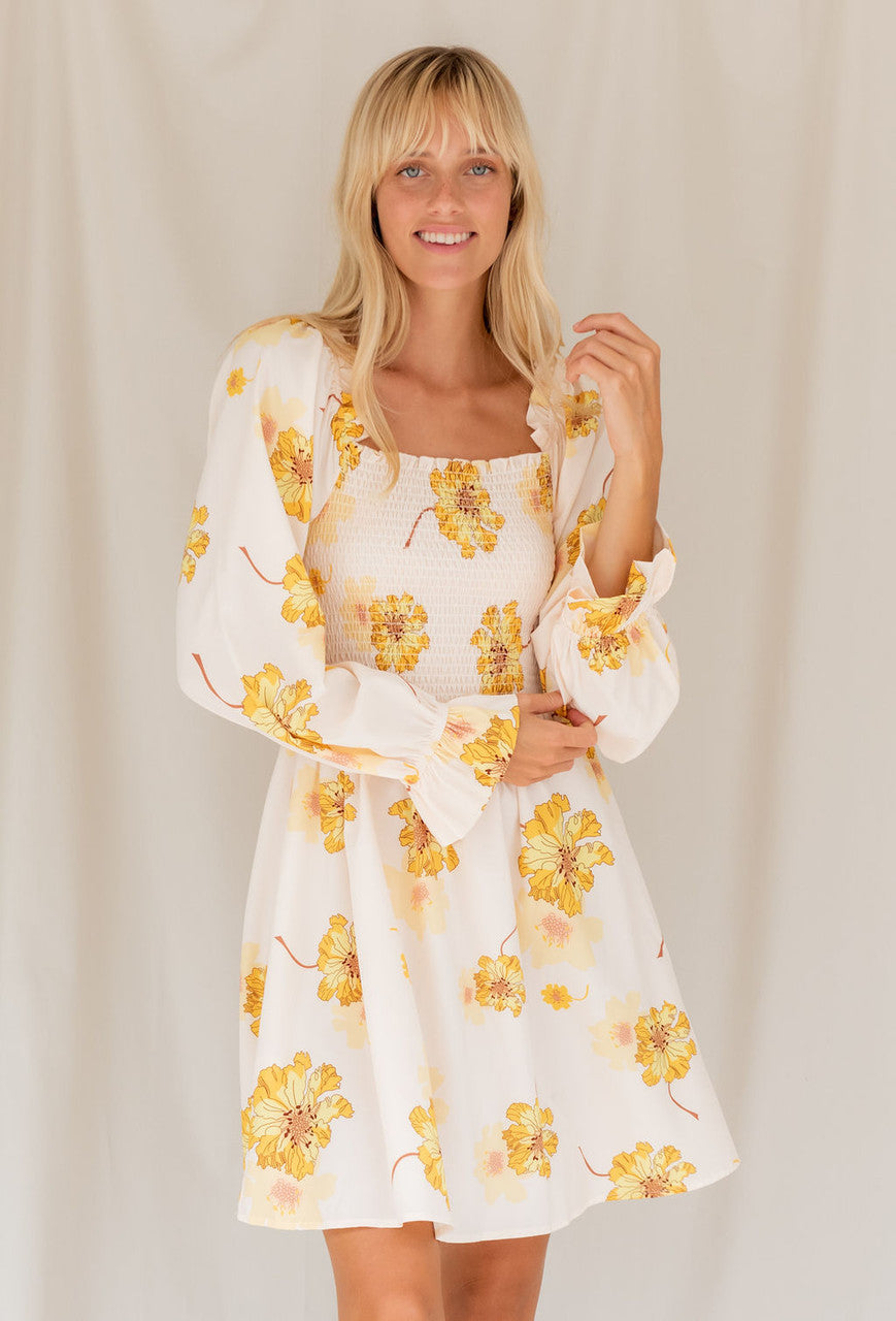 Autumn Leaves Floral Dress In Gold Floral