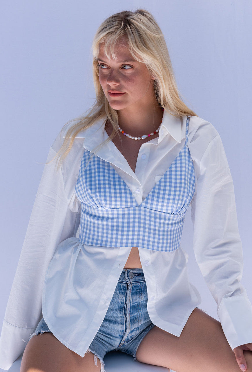 All The Right Vibes Checked Crop Top In Blue