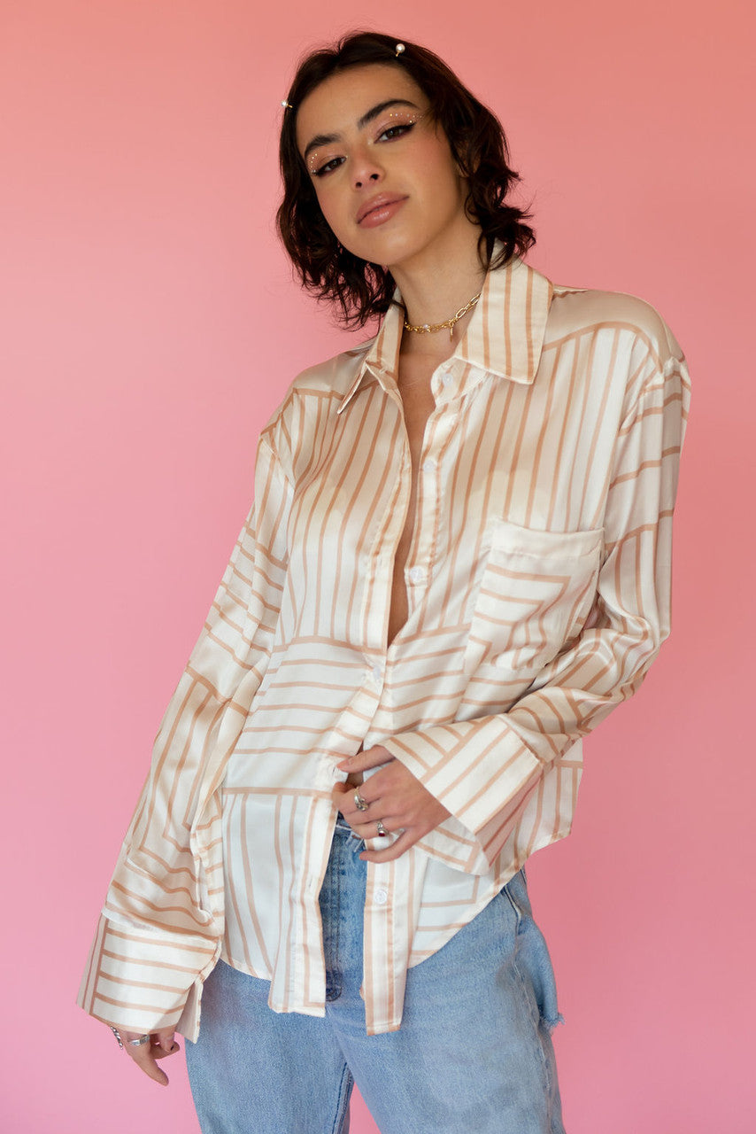 Between The Lines Satin Button Down Top In Ivory/Taupe